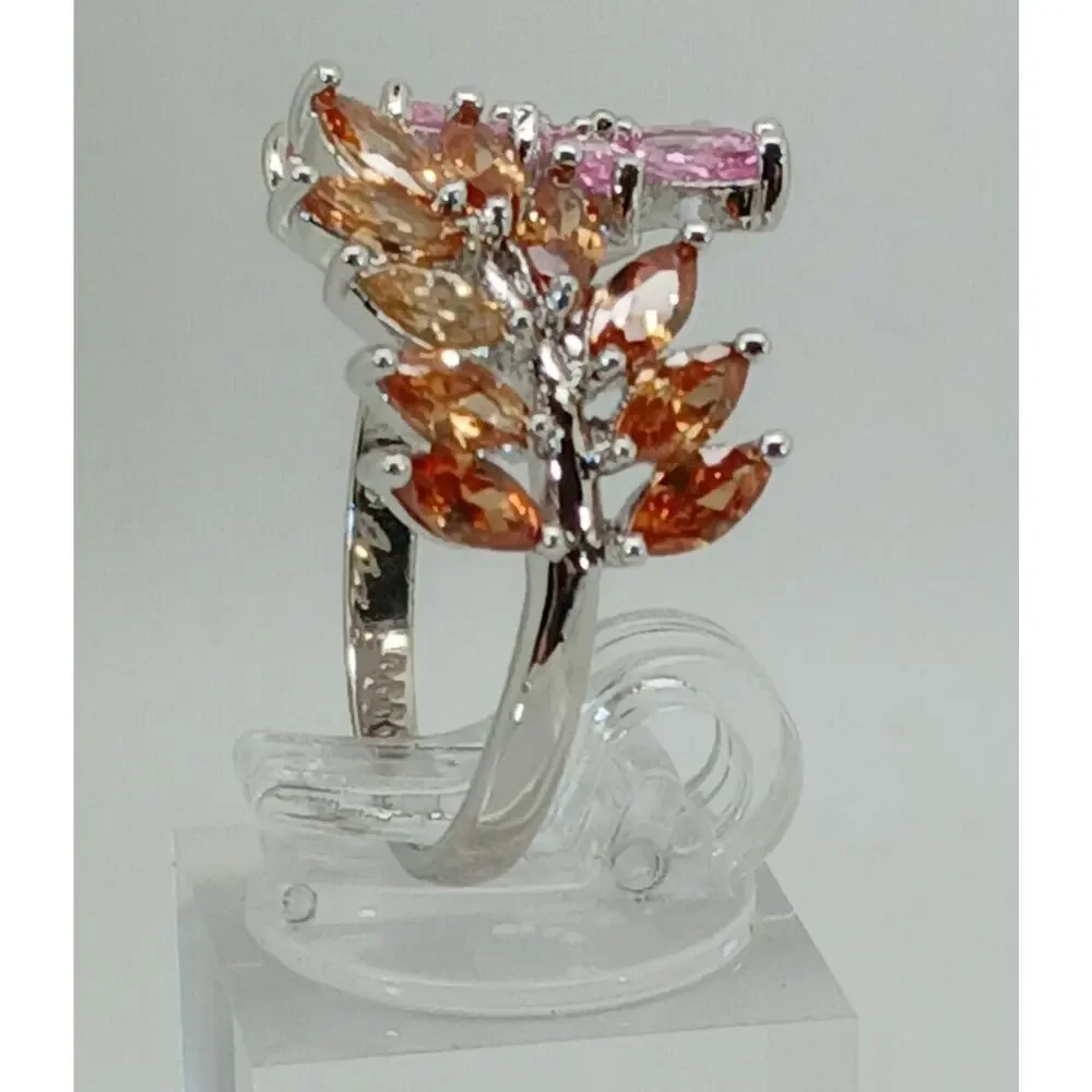 Vintage‎ Ring Size 9.5 Silver Tone White Gold GP Pink Champagne Amber CZ Spray
